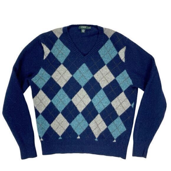 J. Crew 100% Lambswool Sweater Mens Large Blue Diamond Argyle Classic Pullover - Picture 2 of 15